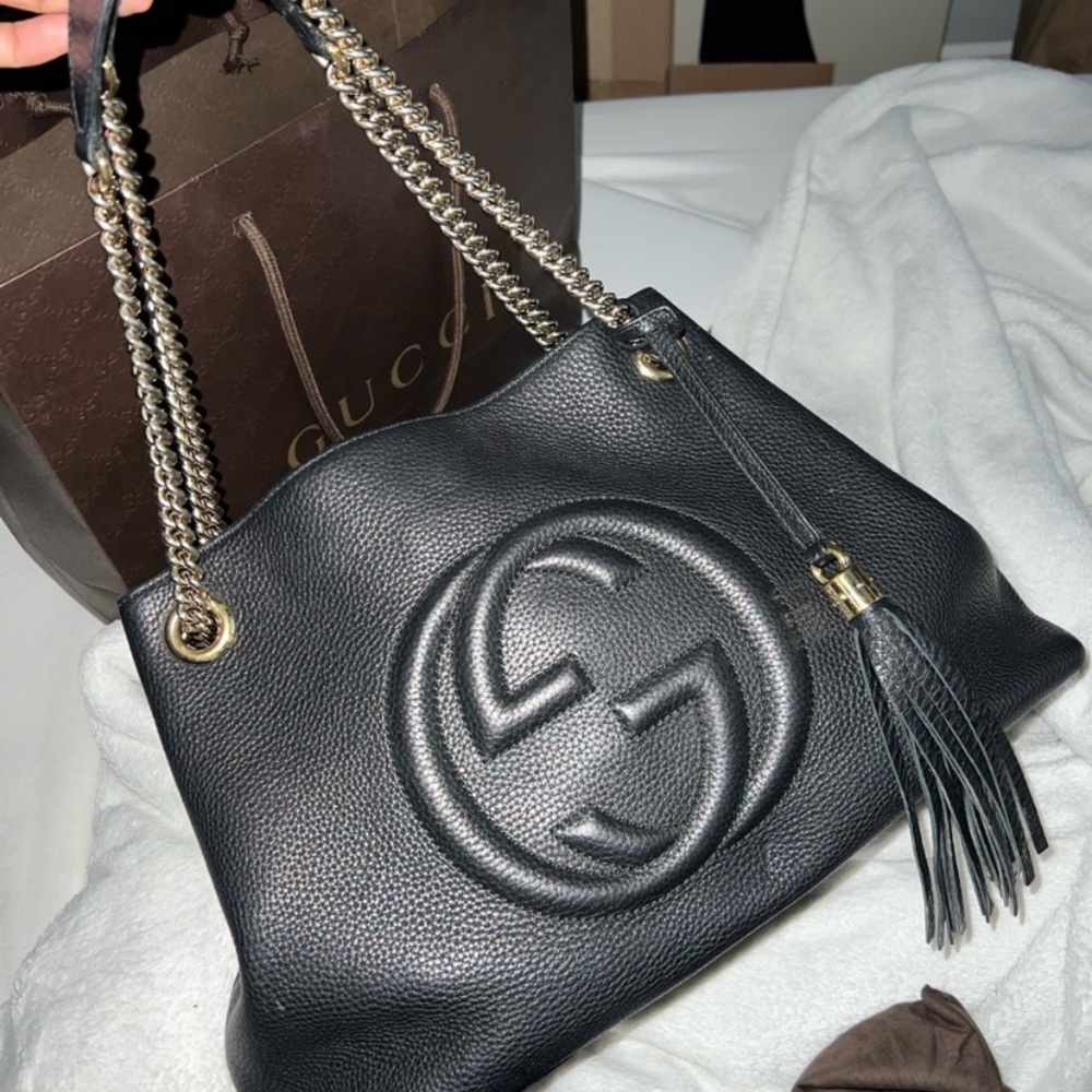 Gucci Black Leather Bag with Gold Chain